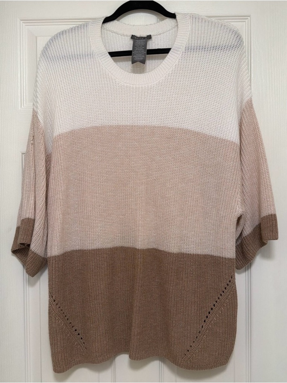 Matty M Neutral Stripe Crewneck Sweater in White, Light Beige, and Brown